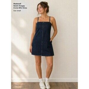 Madewell Denim Strappy Alpine A-Line Mini Dress Dark Wash Pockets Size S NWT